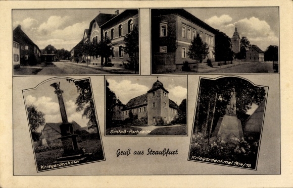 Postcard Straußfurt in Thuringia, castle, war memorial, street view