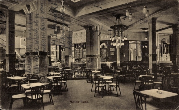 Postcard Hannover in Lower Saxony, Bismarck monument, interior view of a café, many tables and chairs,