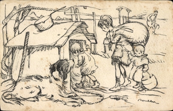 Artist Postcard Poulbot, Francisque, Children move into a doghouse