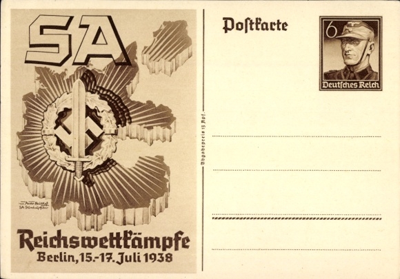 Postal stationery artist Postcard Axster Heudtlaß, SA Reichswettkämpfe Berlin 1938