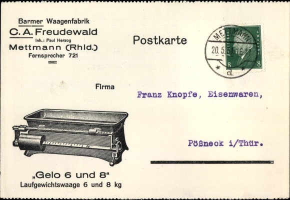 Postcard Mettmann in North Rhine-Westphalia, Barmer Waagenfabrik, CA Freudewald, owner Paul duke