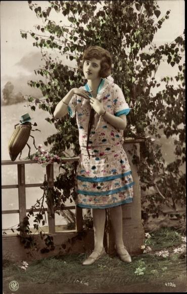 Postcard cockchafer, hat, tree, woman, standing portrait