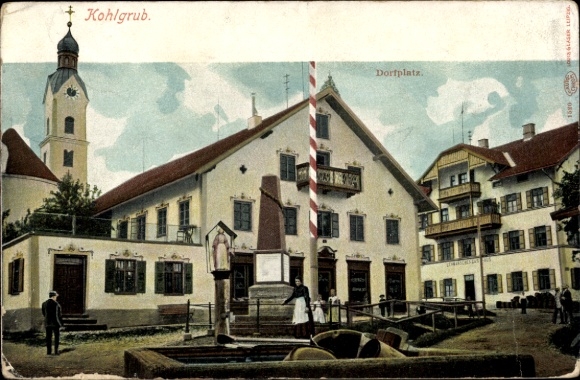 Ak Bad Kohlgrub in het district Garmisch Partenkirchen, dorpsplein, kerk, Madonna, bewoners