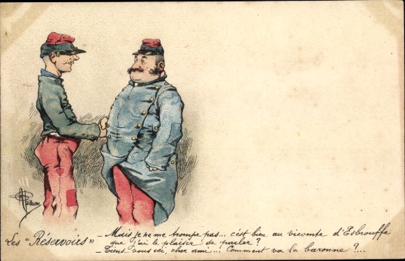 Künstler Ak Zwei französische Soldaten in Uniformen, Gespräch