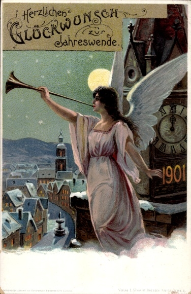 Briefpapier ansichtkaart Happy New Year, jaar 1901, engel blaast de fanfare