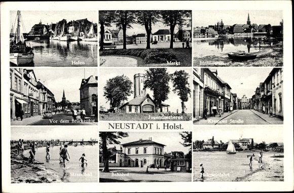 Ak Neustadt in Holstein, Jugendherberge, Bahnhof, Hafen, Strandbad