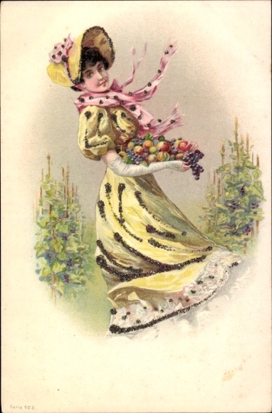 Glitter Art Nouveau Chromo-Litho lady in yellow dress, harvest, fruits