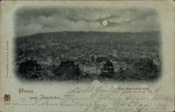 Mondschein Ak Iserlohn im Märkischen Kreis, Gesamtansicht, Blick vom Stadtpark