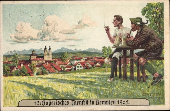 Briefpapier ansichtkaart Platz, E., Kempten im Allgäu Schwaben, 12e Beierse Gymnastiekfeest 1905, rokende mannen