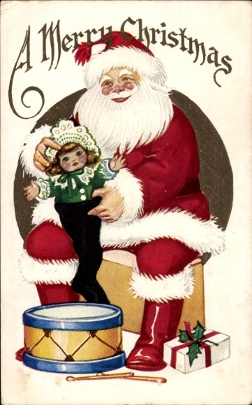 Reliëf Ak Gefeliciteerd Kerstmis, Kerstman vult kous met pop, trommel, cadeau
