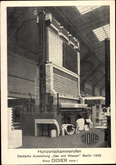 Postcard horizontal chamber furnace company Didier, German exhibition gas and water Berlin 1929