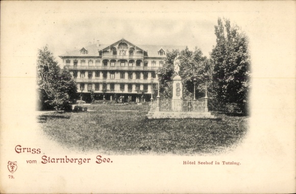 Postcard Tutzing on Lake Starnberg Upper Bavaria, Hôtel Seehof in Tutzing, statue in the foreground, trees,