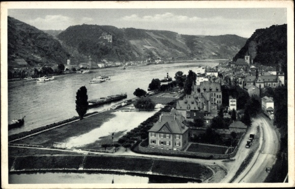 KP St. Goar am Rhein, krajobraz rzeczny, statki, wzgórza, schronisko młodzieżowe