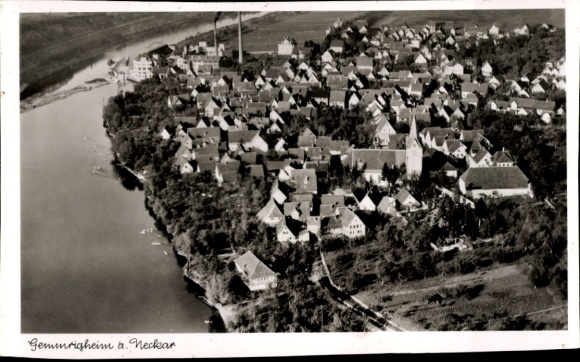 Gemmrigheim am Neckar, aerial photograph, cluster of houses, water depth, church, river, trees