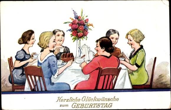 Artist PC Scheuermann, Willi, happy birthday, women at the coffee table, cake