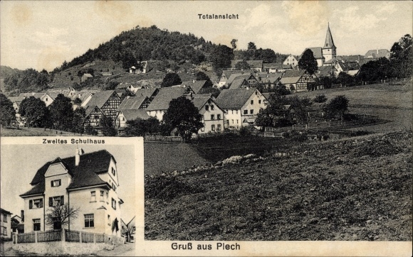 Ak Plech Oberfranken, totaalaanzicht van het dorp, tweede schoolgebouw, kerk