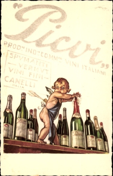 Künstler Ak Picvi, Sektflaschen, Tresen, Engel mit Schürze, Spumanti, Vermut, Vini Fini, Canelli
