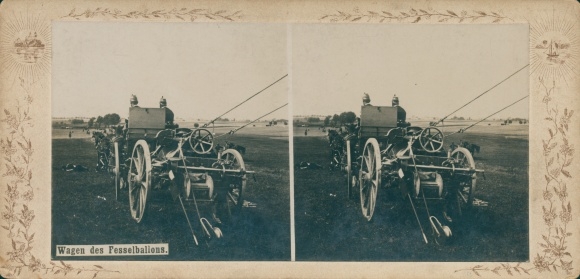 Stereo cabinet photo carriage of captive balloons, German soldiers in the Kaiserreich