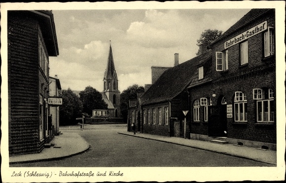 Ak Leck in Schleswig Nordfriesland, Bahnhofstraße, Kirche, Rohrbach's Gasthof
