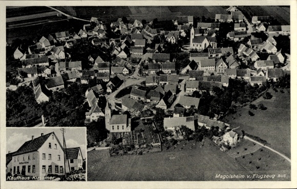 Ak Magolsheim Münsingen in Württemberg, Luftaufnahme von Magolsheim, Kaufhaus Kirsamer, historisc