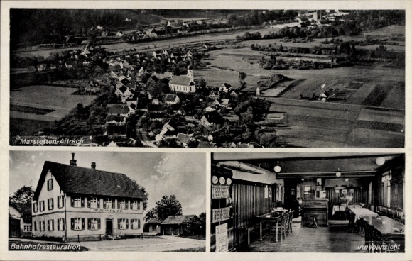 Postcard Marstetten Aitrach in Württemberg, aerial photograph, station restaurant