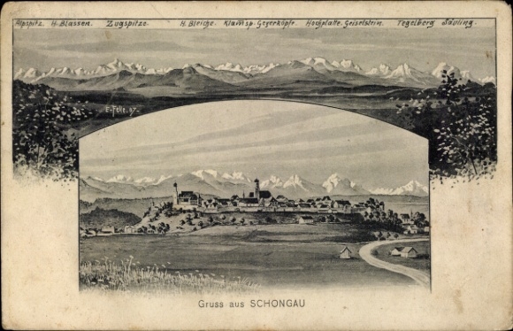 Postcard Schongau in Upper Bavaria, panorama, mountains