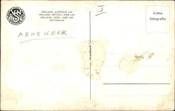 Postcard cargo ship Arnskerk, VNS Vereenigde Nederlandsche Scheepvaart Maatschappij