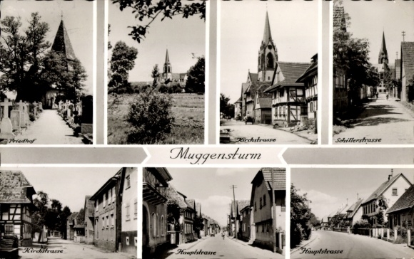 Postcard Muggensturm in Baden, Cemetery, Kirchstraße, Schillerstraße, Hauptstraße