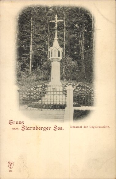 Postcard Starnberg on Lake Starnberg, Upper Bavaria, memorial of the accident site, forest, greetings from Starnberg