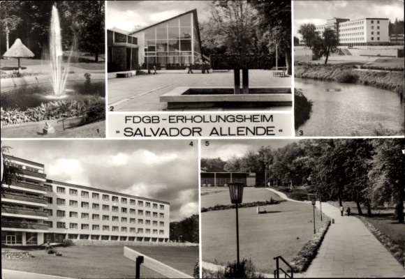 Ak Templin in der Uckermark, FDGB-Erholungsheim, Salvador Allende, Brunnen, Gebäude, Parkanlage