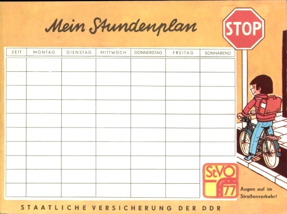 Timetable GDR state insurance, fire protection insurance, picture story around 1970