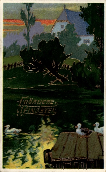 Glitter Postcard Congratulations Pentecost, village motif, pond