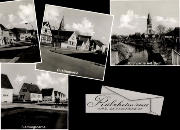 KP Rülzheim in der Pfalz, widok z ulicy, kościół, strumień, osada