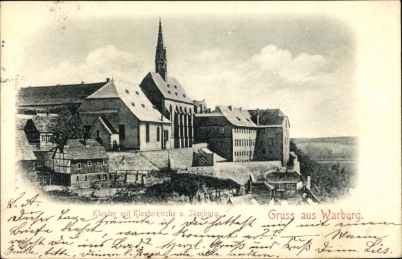Postcard Warburg in Westphalia, monastery with monastery church and Ikenburg