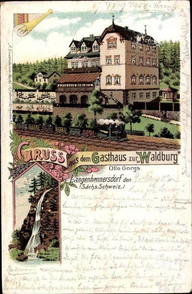 litho Langenhennersdorf Bad Gottleuba in Saksen, Gasthaus zur Waldburg, waterval