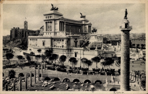 Ak Roma Rom Lazio, Vittoriano Denkmal, Foro Traiano, Stadtansicht,  Architektur, schwarz-weiß