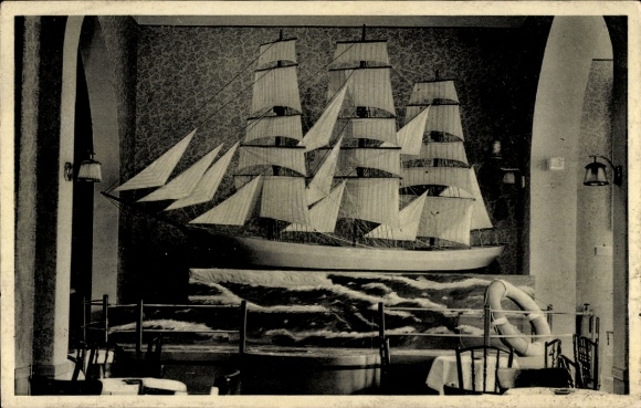 Postcard North Sea resort Norderney East Frisia, Seeteufel beer hall, sailing ship model