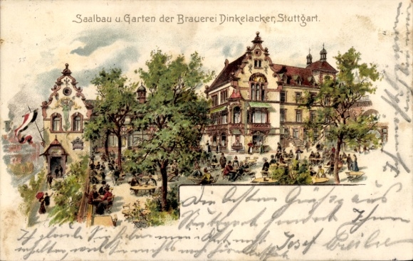 Chromo-Litho Stuttgart in Württemberg, hall and garden of the Dinkelacker Brewery