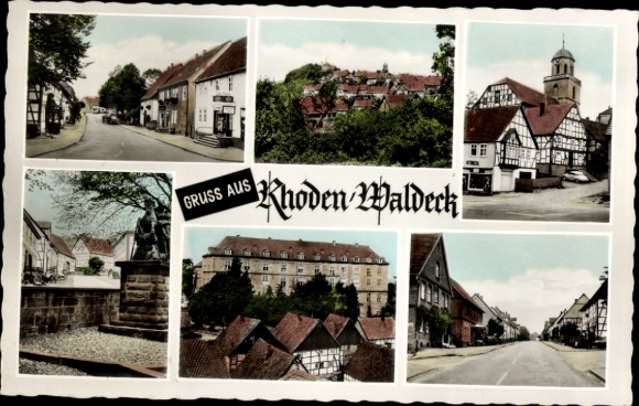 Postcard Rhoden Waldeck Diemelstadt Hesse, street, monument, half-timbered house, tower, total view