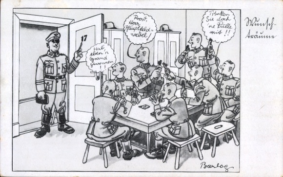 Künstler Ak Barlog, Deutsche Wehrmacht, Soldaten in Uniformen, Kartenspiel, Bierflaschen