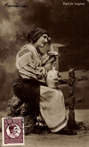 Postcard Tulgheș Romania, woman in traditional costume, jug