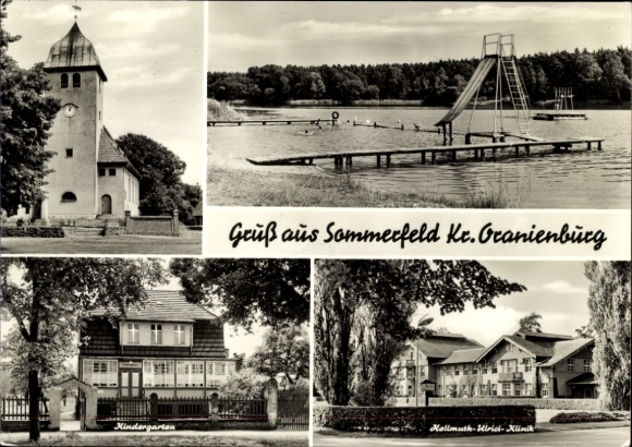 Postcard Sommerfeld Kremmen in Brandenburg, church, beach, kindergarten, Hellmuth Ulrici Clinic