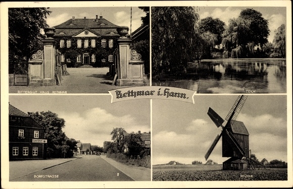 Postcard Rethmar Sehnde Region Hanover, manor house Rethmar, windmill, village street, pond