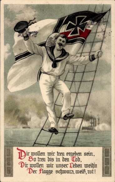 Artist Postcard Franke, G., We want to be loyal to you.., The flag black white red, Sailor