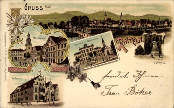 Chromo-Litho Rinteln on the Weser, Market Square, Town Hall, Gymnasium, Church, Victory Monument, Panorama