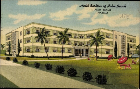 Ak Palm Beach Florida USA, Hotel Carlton, Florida, gebouw met 5 verdiepingen, palmbomen, vakantiesfeer