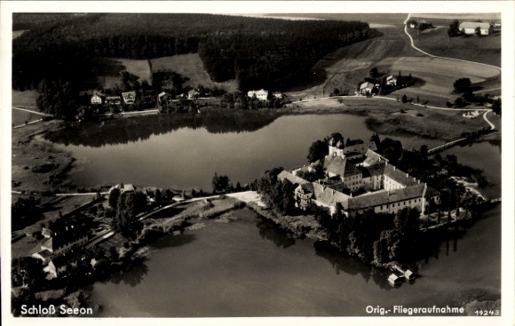 Postcard Seeon Seebruck am Chiemsee Upper Bavaria, aerial photograph, Seeon Castle