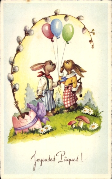 Ak Frohe Ostern, Osterhasenpaar mit Luftballons, Weidenkätzchen
