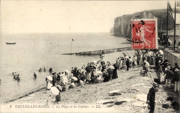 Ak Veules les Roses Seine-Maritime, Strand, Cabines