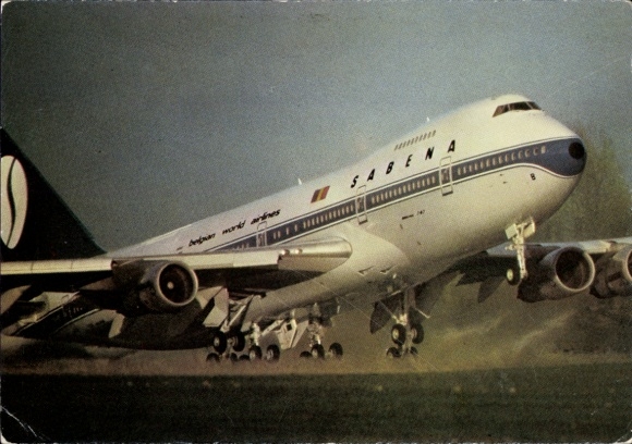 Postcard passenger aircraft, Sabena, Belgian World Airlines, Boeing 747